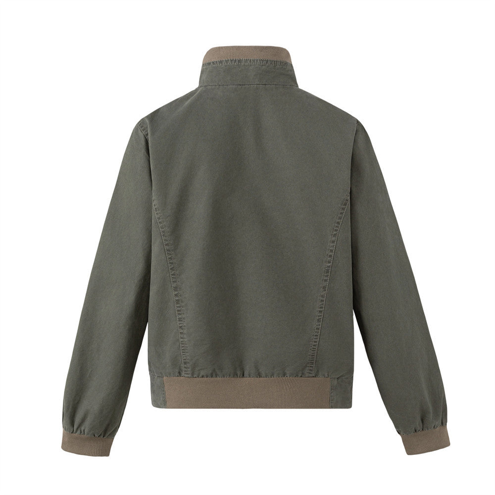 Men's Army Green Vintage Workwear Bomber Jacket – Stand Collar, Zip-Up, Ribbed