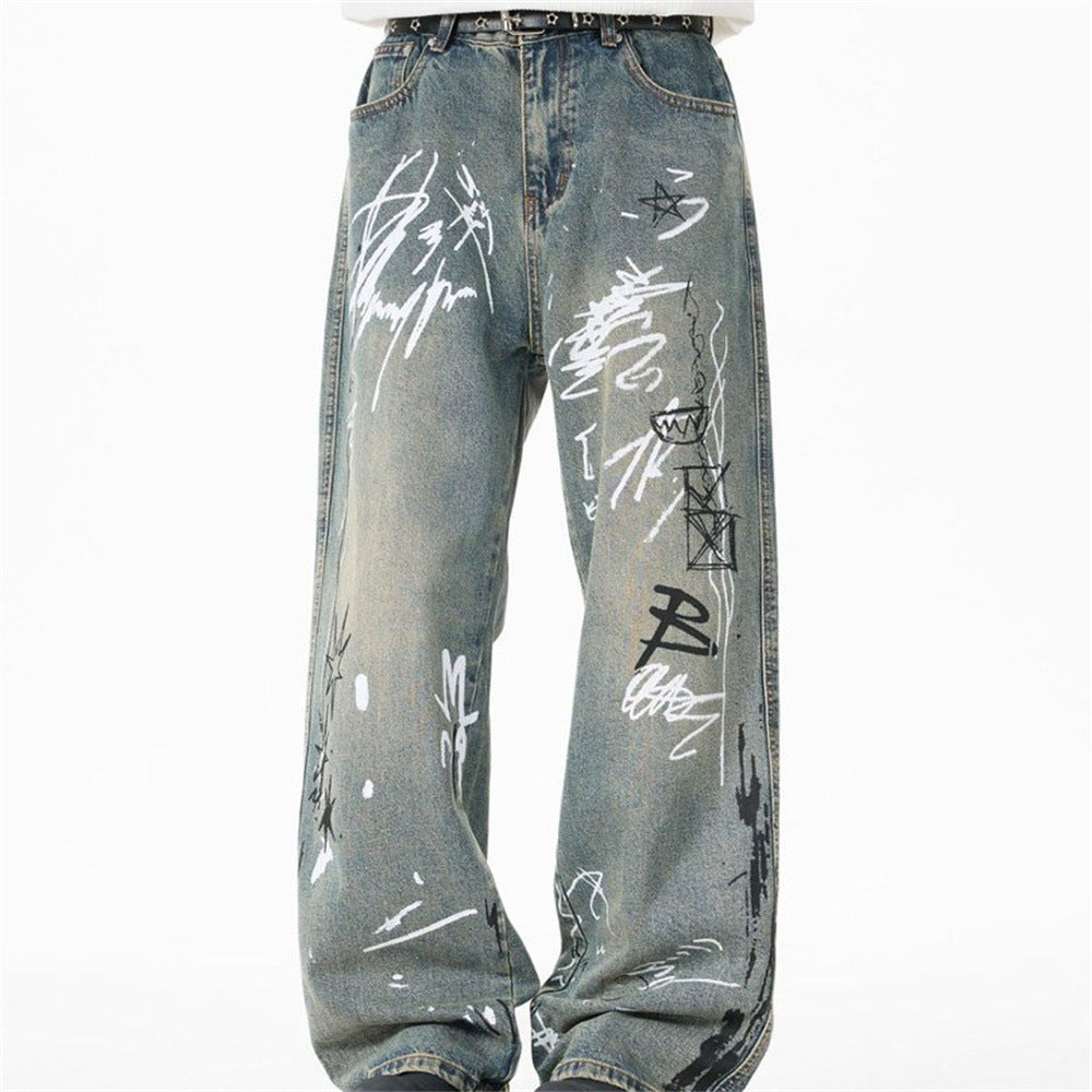 Graffiti Print Wide-Leg Jeans – Punk Streetwear Straight Baggy Denim