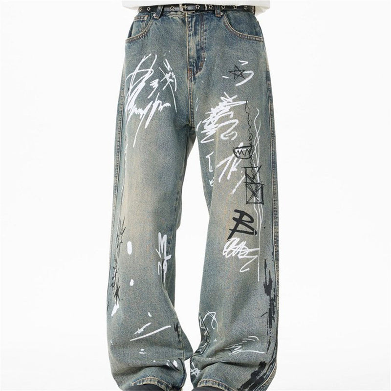 Graffiti Print Wide-Leg Jeans – Punk Streetwear Straight Baggy Denim