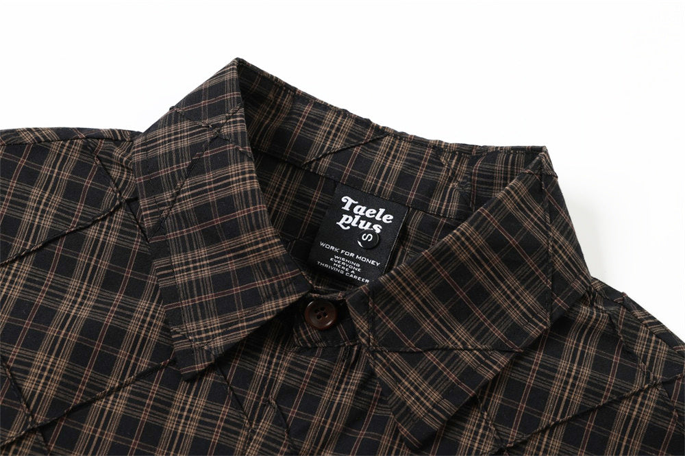 Quilted Plaid Layered-Sleeve Shirt Jacket with Graphic Print