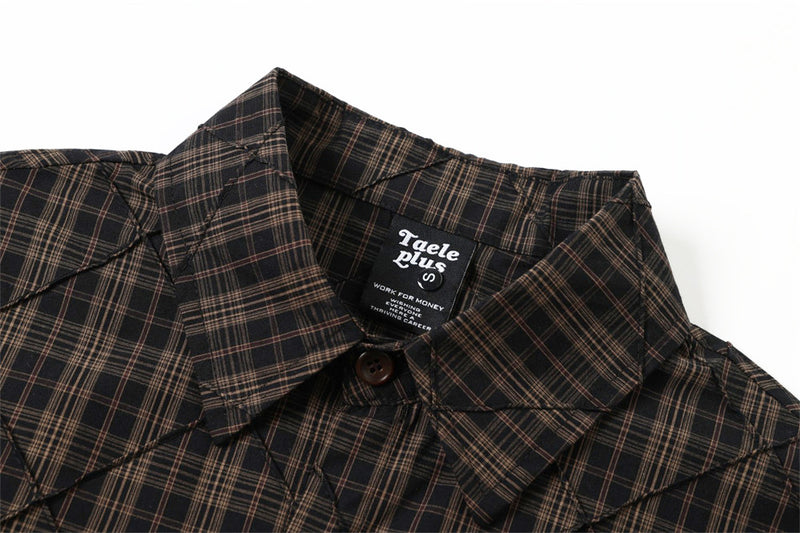 Quilted Plaid Layered-Sleeve Shirt Jacket with Graphic Print