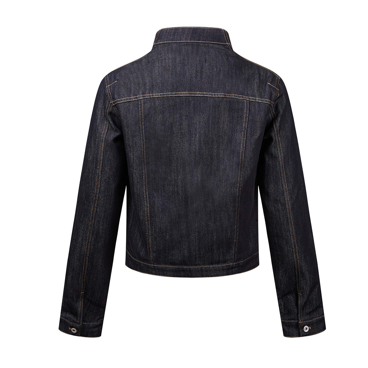 Dark Indigo Denim Moto Jacket – Stand Collar, Cropped Fit, Snap Buttons