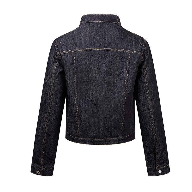 Dark Indigo Denim Moto Jacket – Stand Collar, Cropped Fit, Snap Buttons