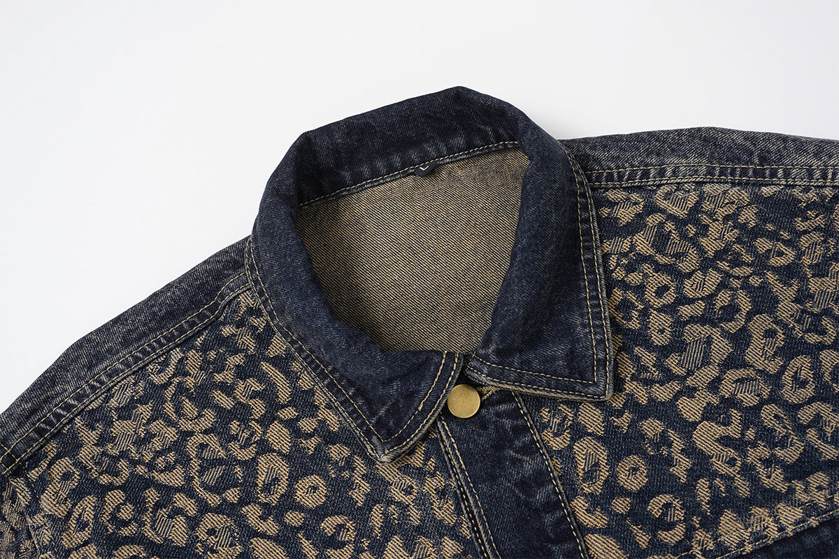 Veste en jean à imprimé léopard – Veste trucker patchwork délavée à col à pointes