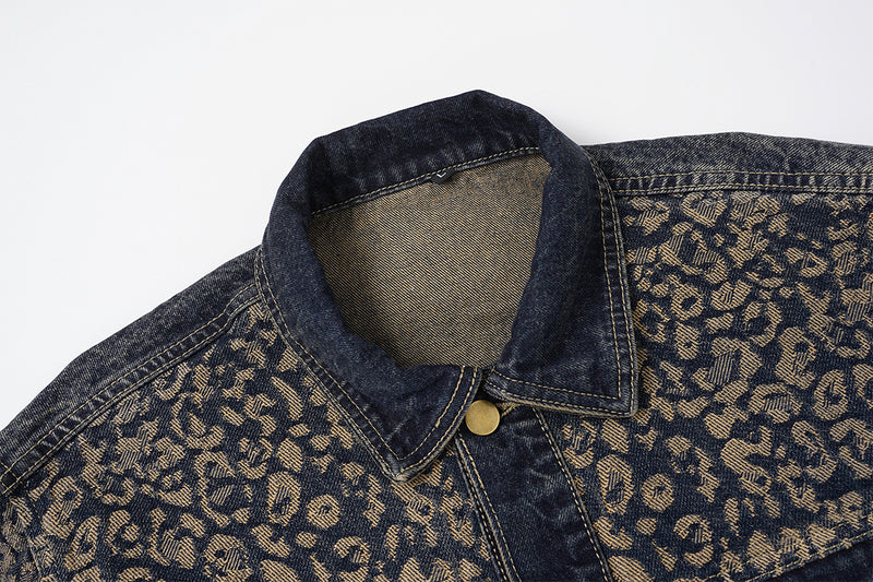 Veste en jean à imprimé léopard – Veste trucker patchwork délavée à col à pointes