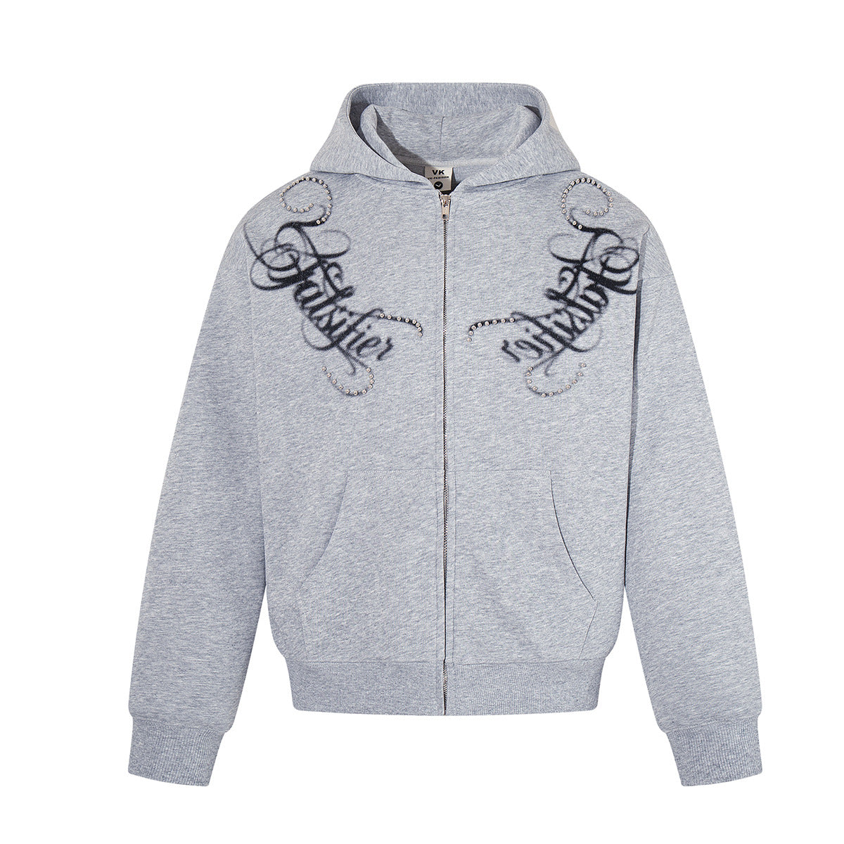 Boxy zip-up hoodie with mirrored tattoo-style script graphic and rhinestone detailing on chest, shown in heather grey and bla