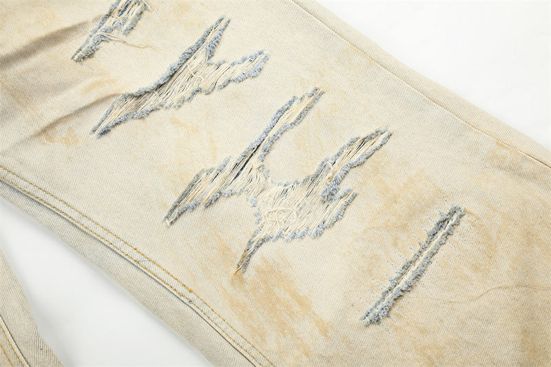 Men's Wide-Leg Distressed Jeans – Mud-Dye Washed, Diagonal Button Fly, Flare Hem