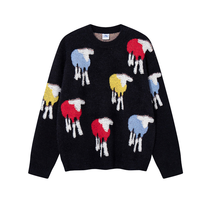 Colorful Sheep Jacquard Crew Neck Sweater – Relaxed Fit Knit