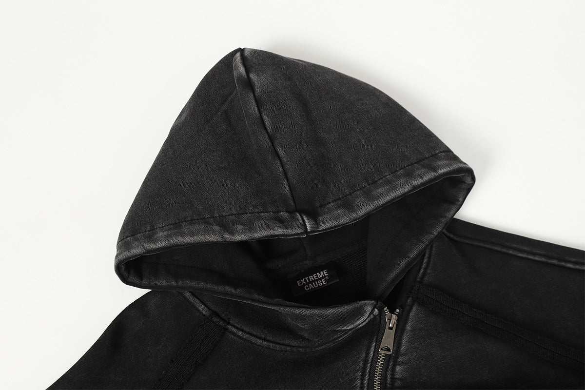 Deconstructed Asymmetric Zip Hoodie – Washed Oversized American Streetwear