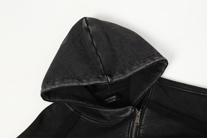 Deconstructed Asymmetric Zip Hoodie – Washed Oversized American Streetwear