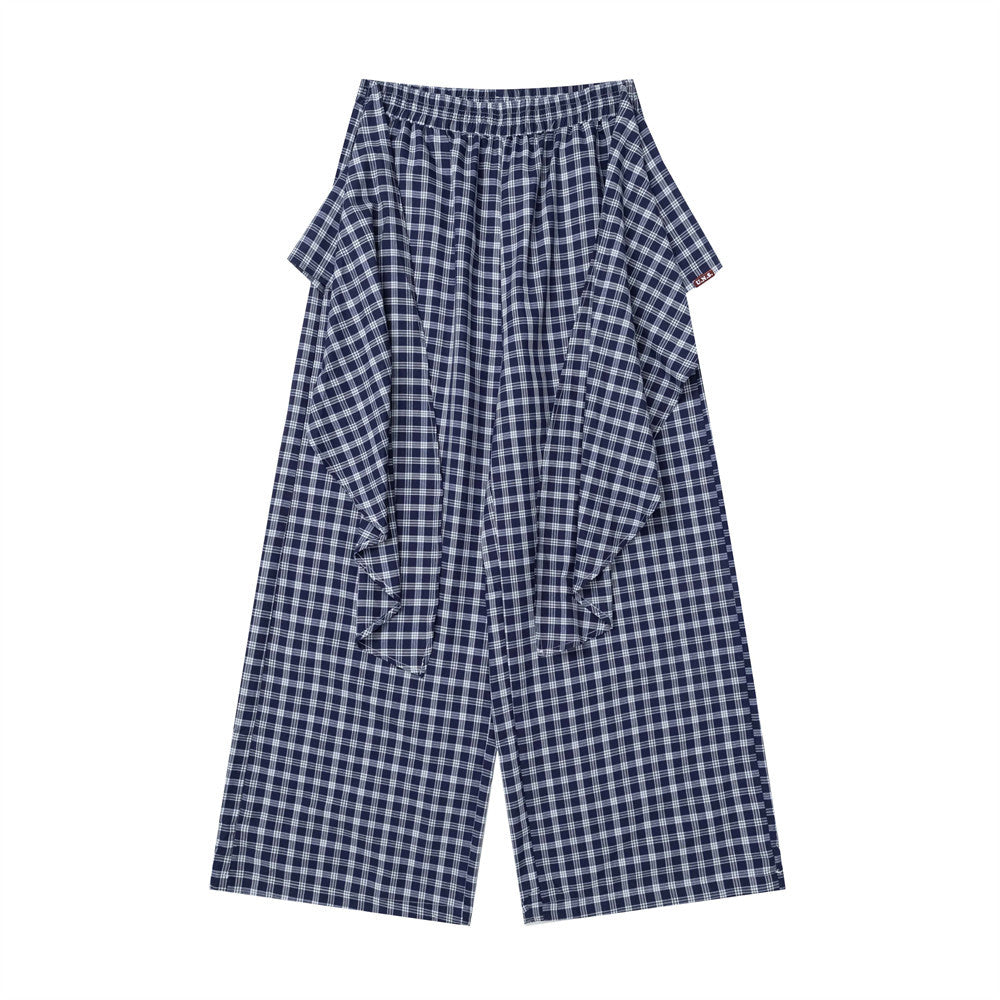 Plaid Wide-Leg Pants with Apron Overlay – Relaxed Fit Japanese Streetwear