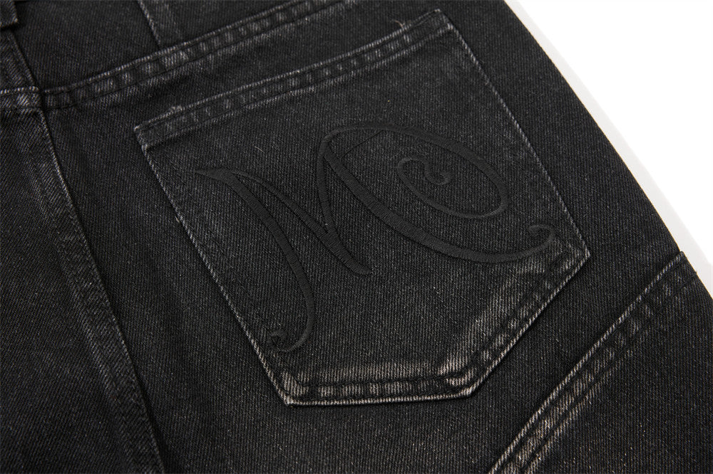Men's Bell Bottom Jeans – Black Acid Wash Flare Leg with Lace-Up Hem & Button