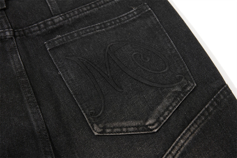 Men's Bell Bottom Jeans – Black Acid Wash Flare Leg with Lace-Up Hem & Button