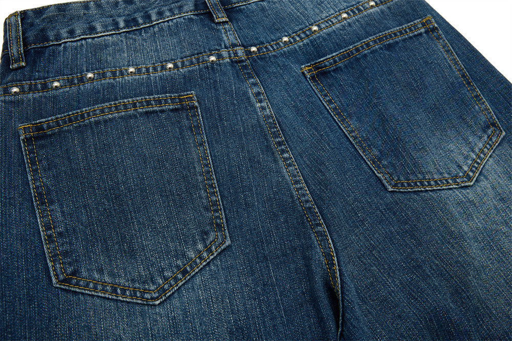 Men's Baggy Black Jeans Wide-Leg Rivet Punk Washed Denim Pants
