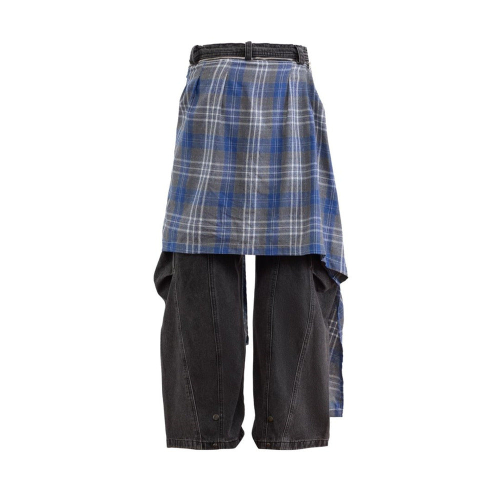 Wide-Leg Jeans with Detachable Plaid Skirt Overlay — Deconstructed Punk