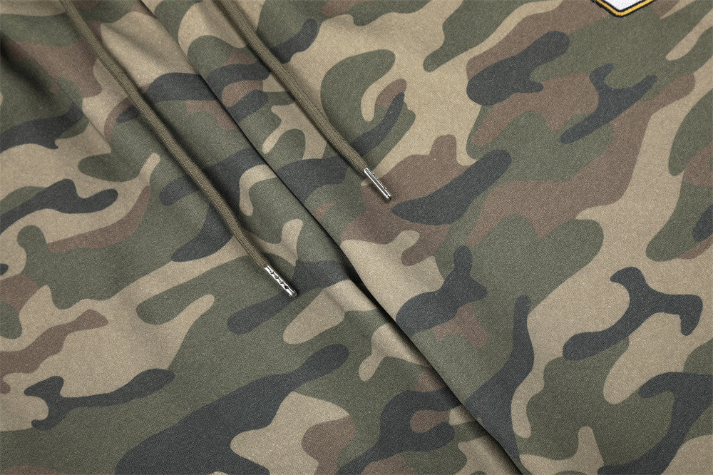Camo Wide-Leg Sweatpants with Colorblock Orange Waistband and Patches