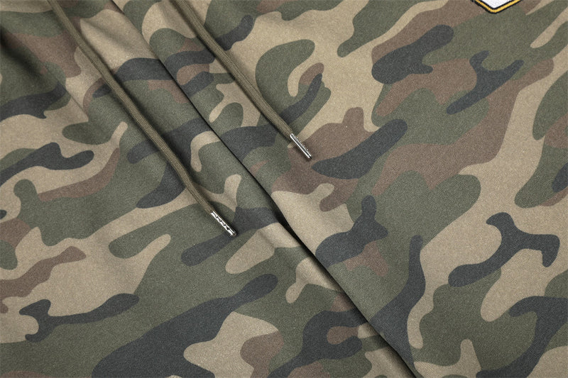 Camo Wide-Leg Sweatpants with Colorblock Orange Waistband and Patches