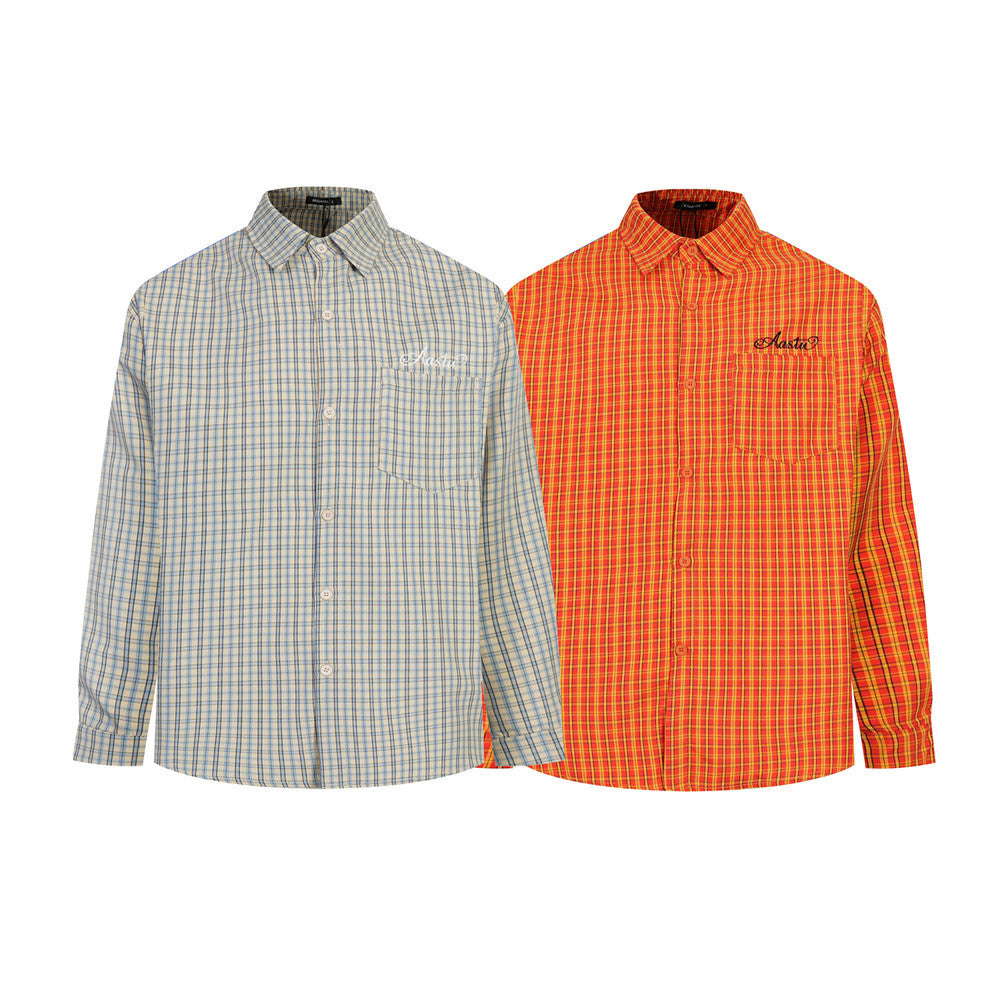 Men's Oversized Plaid Long-Sleeve Button-Up Shirt with Embroidered Chest Pocket