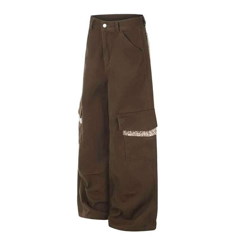 Men's Wide-Leg Cargo Pants with Leopard Fur Trim & Multi-Pocket Design