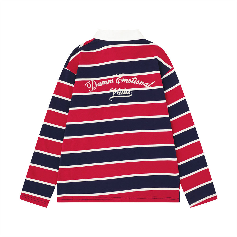 Back of striped long sleeve rugby polo shirt in red, navy, and white with script text