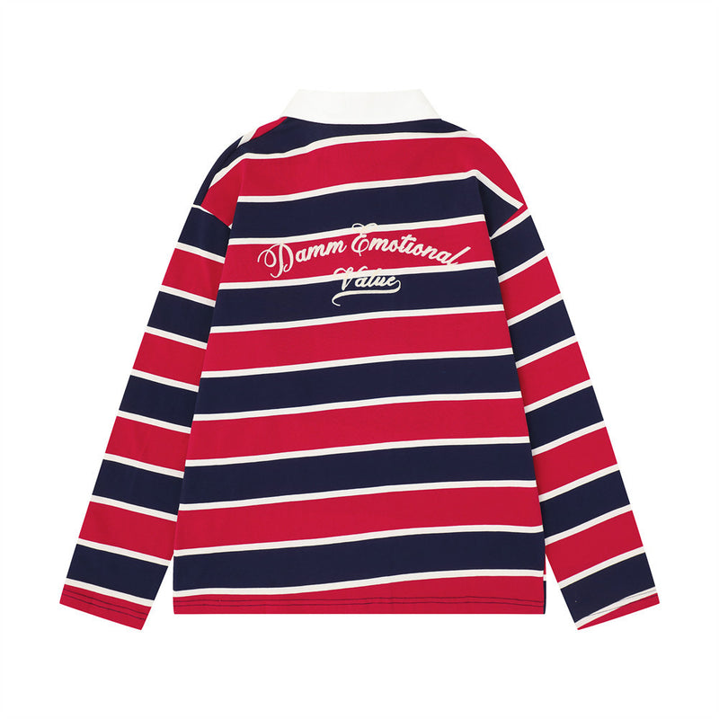 Back of striped long sleeve rugby polo shirt in red, navy, and white with script text