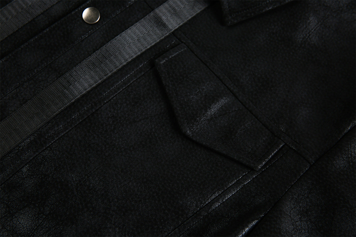 Veste trucker noire en similicuir PU – Style punk streetwear et moto