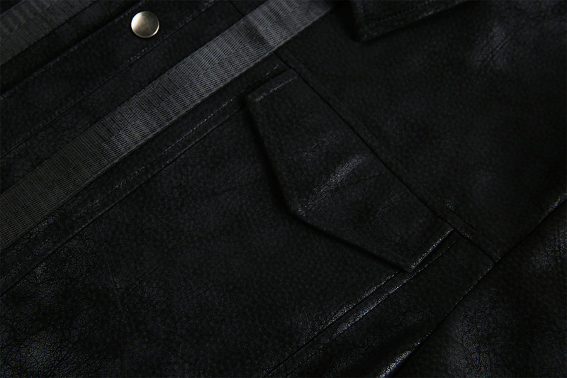 Veste trucker noire en similicuir PU – Style punk streetwear et moto