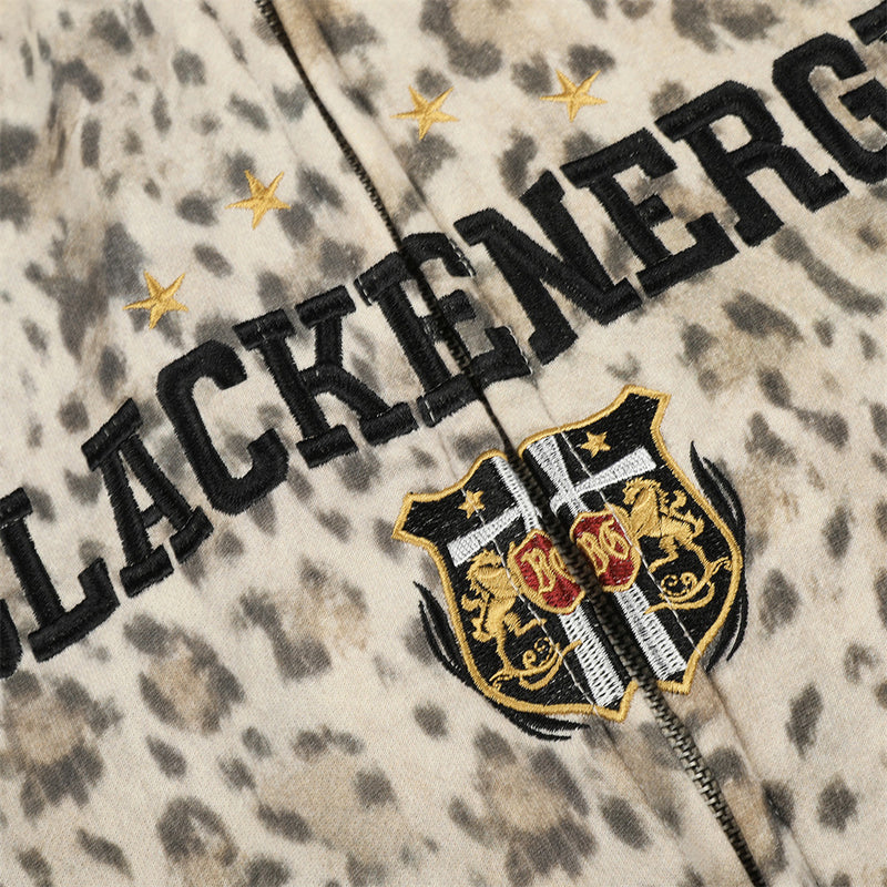 Embroidered Zip Up Hoodie – Leopard Print Streetwear with Side Stripe Detail
