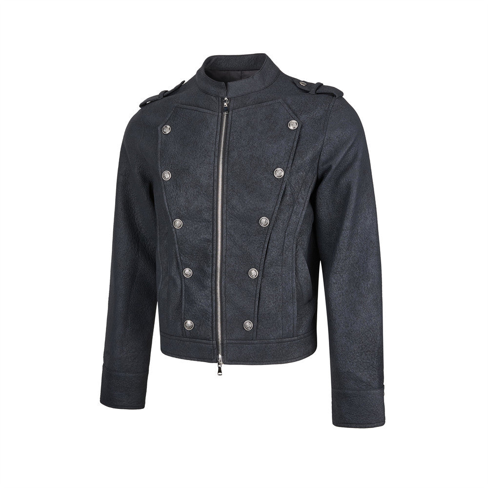 Men's Faux Leather Military Jacket – Double-Breasted Stand Collar Short Coat
