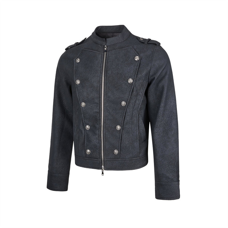 Men's Faux Leather Military Jacket – Double-Breasted Stand Collar Short Coat