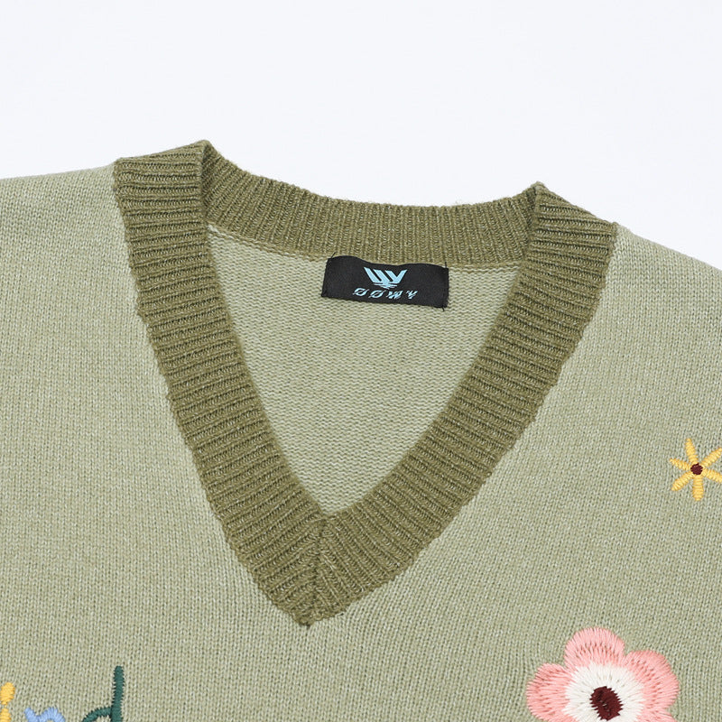 Floral Embroidery V-Neck Sweater Vest – Cottagecore Knit Sleeveless Top
