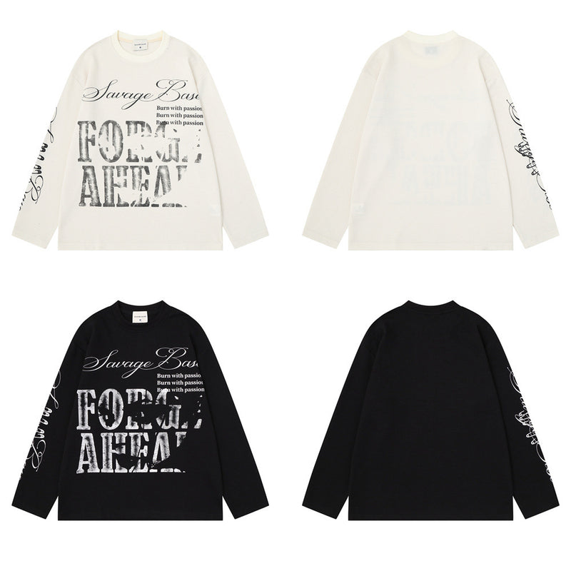 Herren-Langarmshirt aus Waffelstrick mit Used-Look-Blockbuchstabenprint „Forge Ahead“ in Schwarz und gebrochenem Weiß