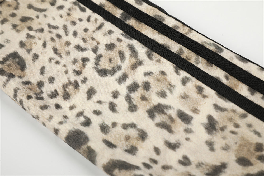 Embroidered Zip Up Hoodie – Leopard Print Streetwear with Side Stripe Detail