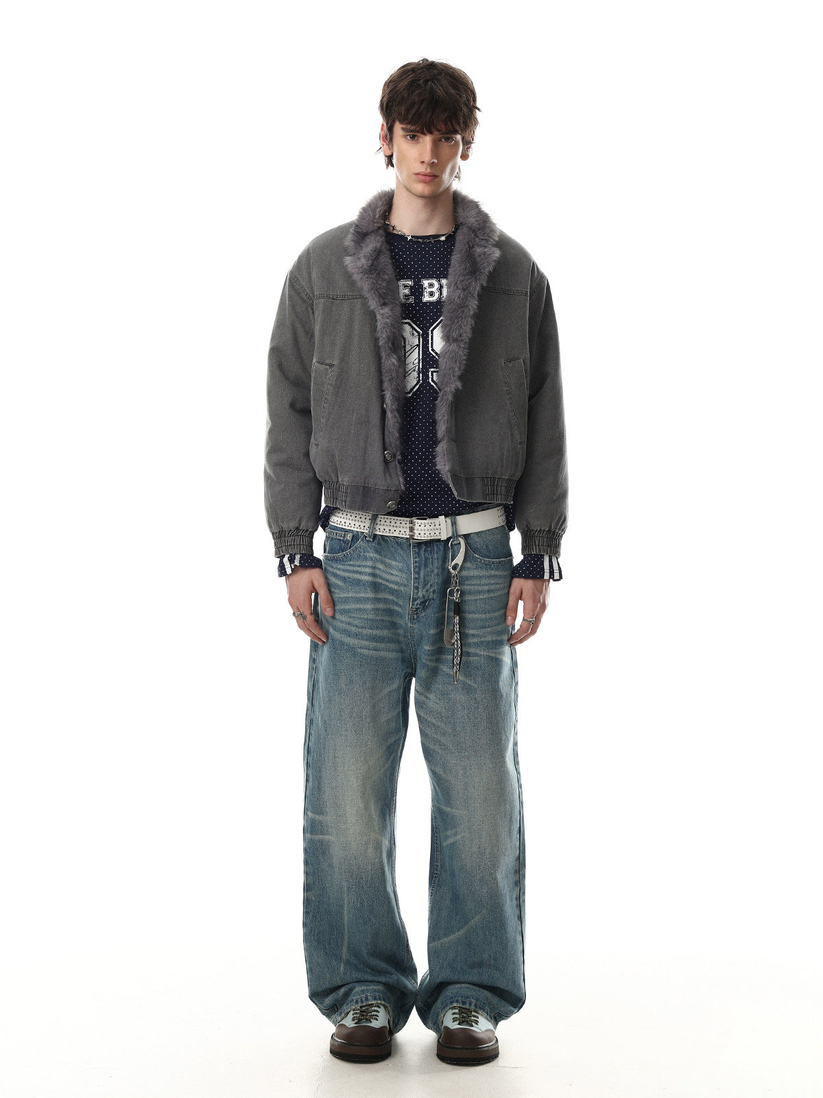 Washed Grey Denim Bomber Jacket with Faux Fur Collar Lining