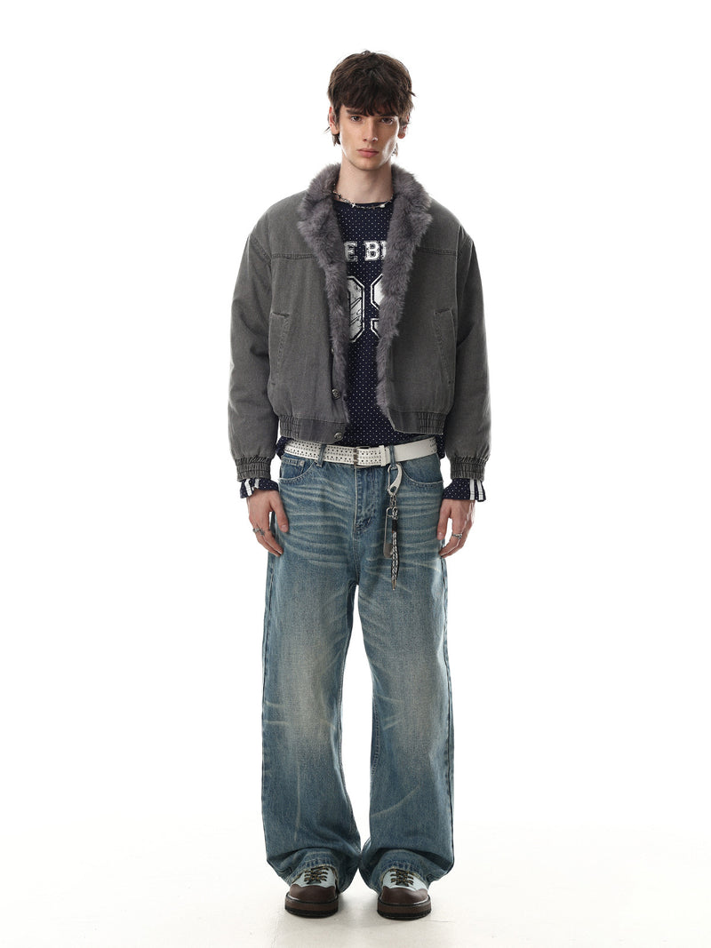 Washed Grey Denim Bomber Jacket with Faux Fur Collar Lining