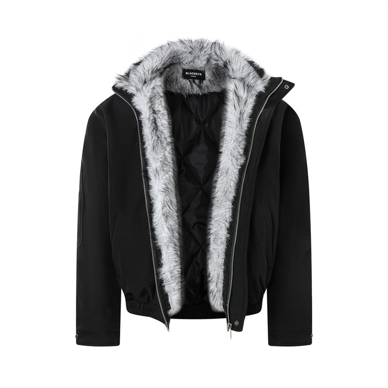 Oversized Bomber Jacket with Faux Fur Lining – Black Winter Coat