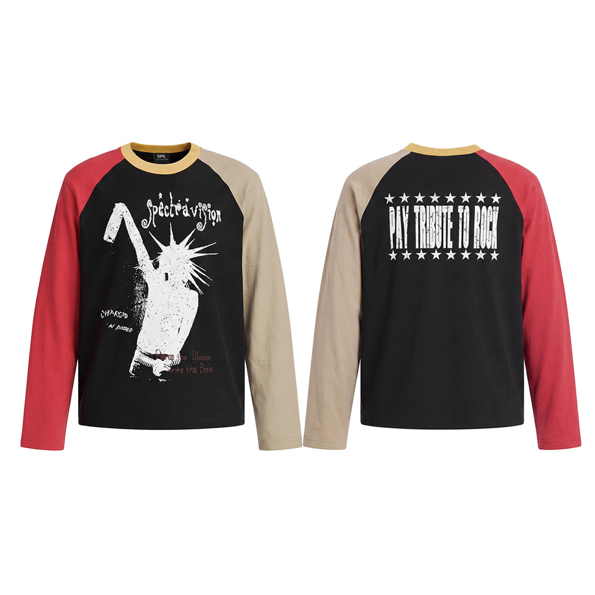 Crewneck Long Sleeve Shirt Rock Graphic Colorblock Raglan Tee