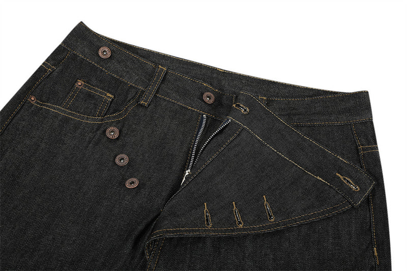Raw Denim Flare Jeans with Diagonal Button Fly & Deconstructed Wide Leg
