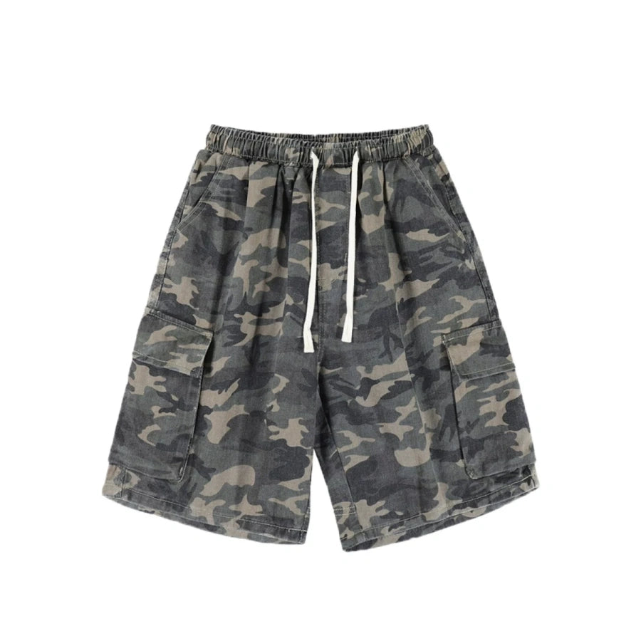 Men's washed grey camo cargo shorts with elastic drawstring waist and large flap thigh pockets laid flat on white background