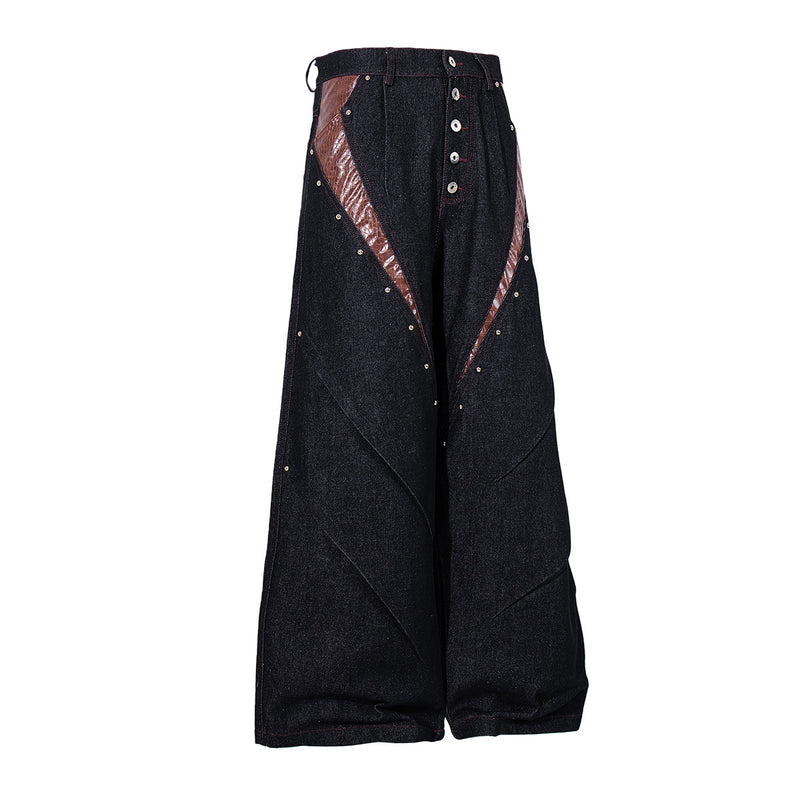 Boxy Raw Denim Jacket with Crocodile-Embossed Leather Panels