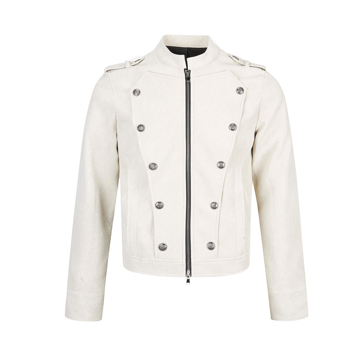Military-Style Faux Leather Jacket with Double-Breasted Buttons & Zip Front
