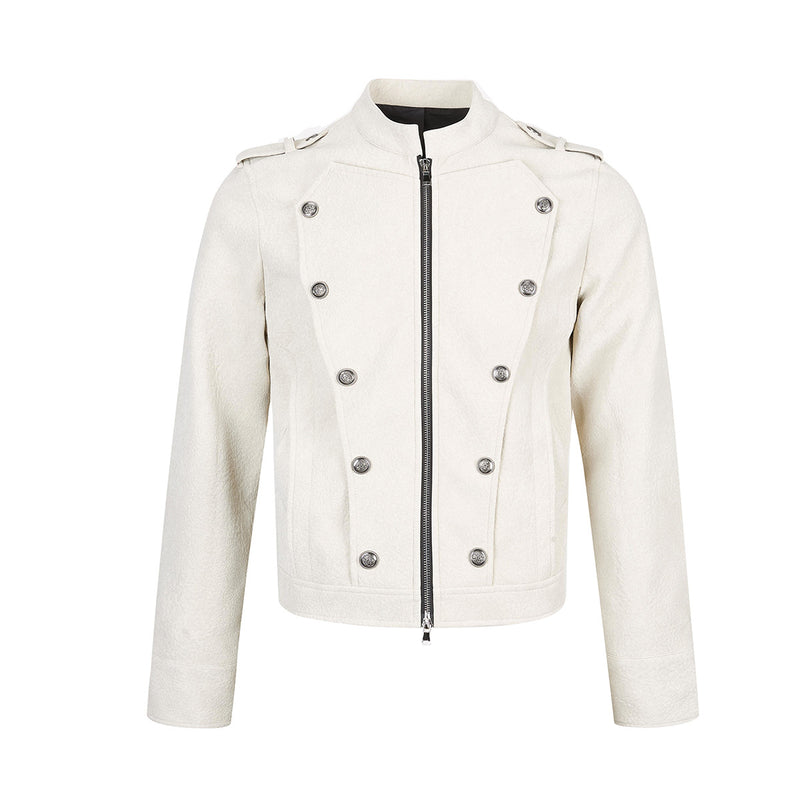 Military-Style Faux Leather Jacket with Double-Breasted Buttons & Zip Front