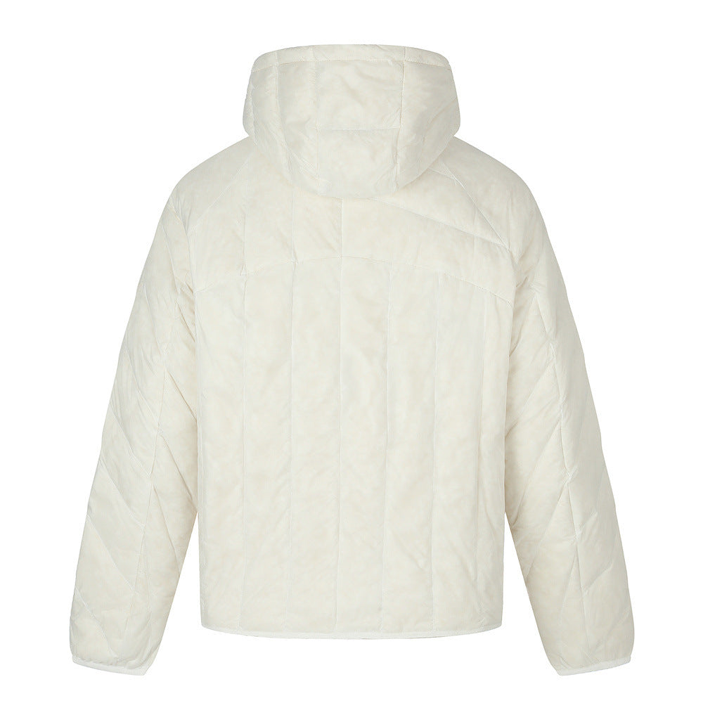 Men's Hooded Puffer Jacket – Irregular Quilted Stitch Design, Ivory & Black