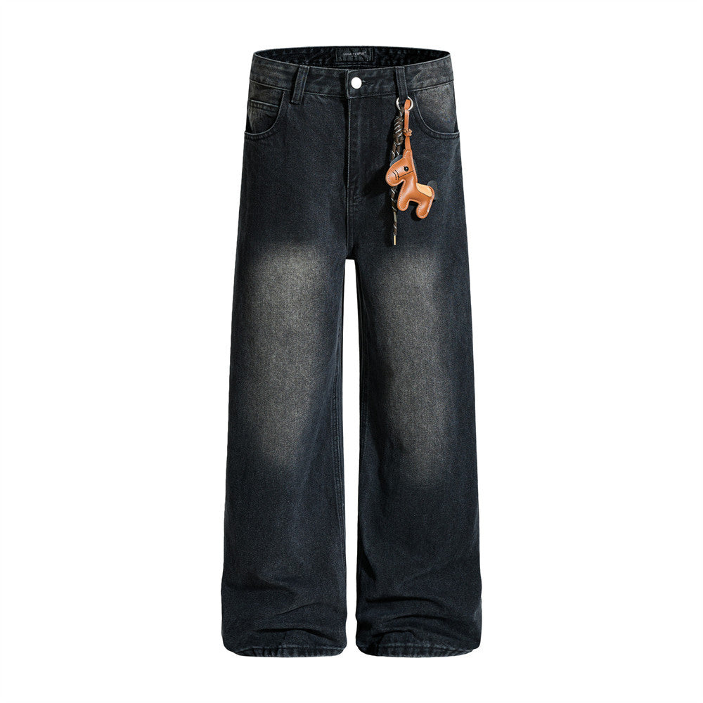 Men's Vintage Washed Wide-Leg Jeans – Relaxed Straight Fit with Horse Charm