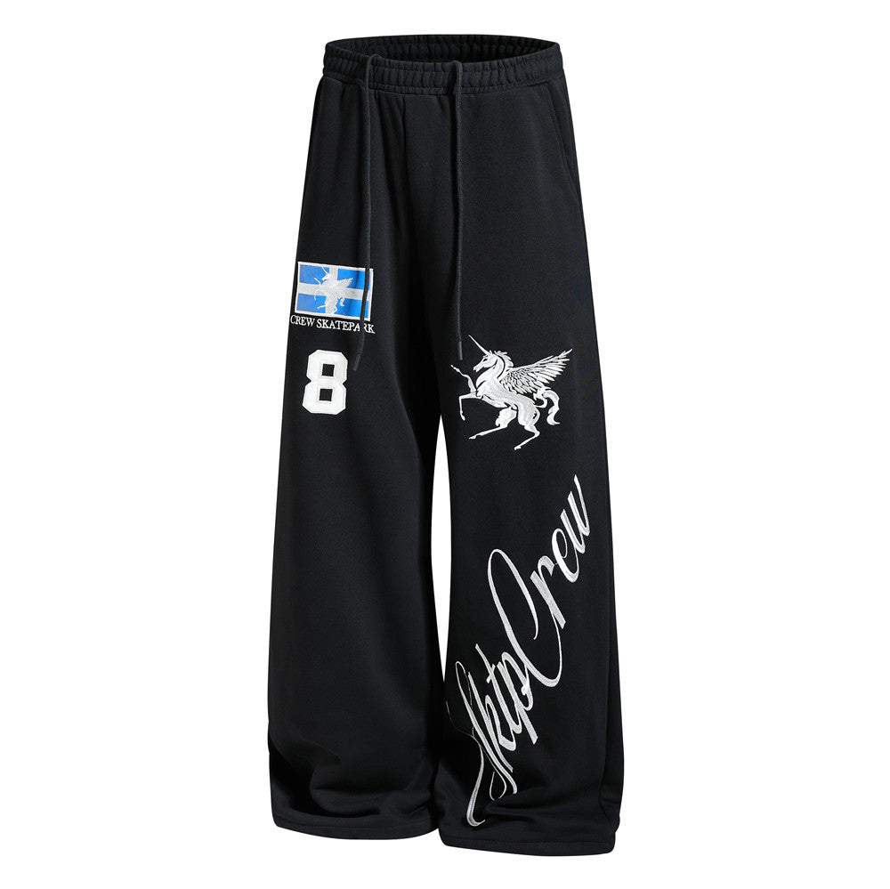 Wide-Leg Sweatpants with Pegasus Embroidery & Crew Skatepark Graphic