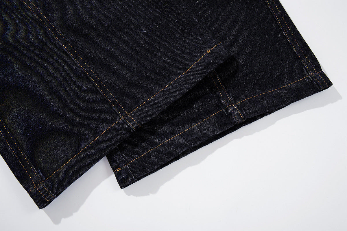 Jean brut baggy à jambes larges, pantalon cargo avec braguette à boutons dorés et détails cloutés