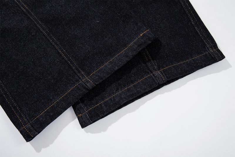 Jean brut baggy à jambes larges, pantalon cargo avec braguette à boutons dorés et détails cloutés