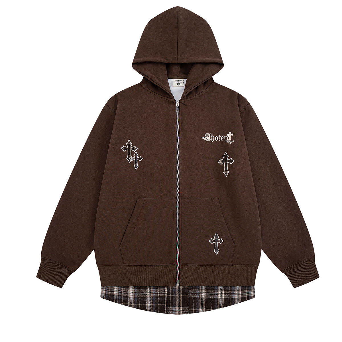 Sweat à capuche oversize zippé avec broderie gothique en forme de croix et bas de chemise à carreaux, marron café