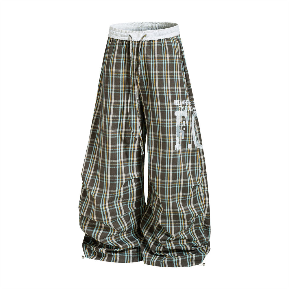 Plaid Wide-Leg Parachute Pants – Oversized Draped Fit with Drawstring Hem