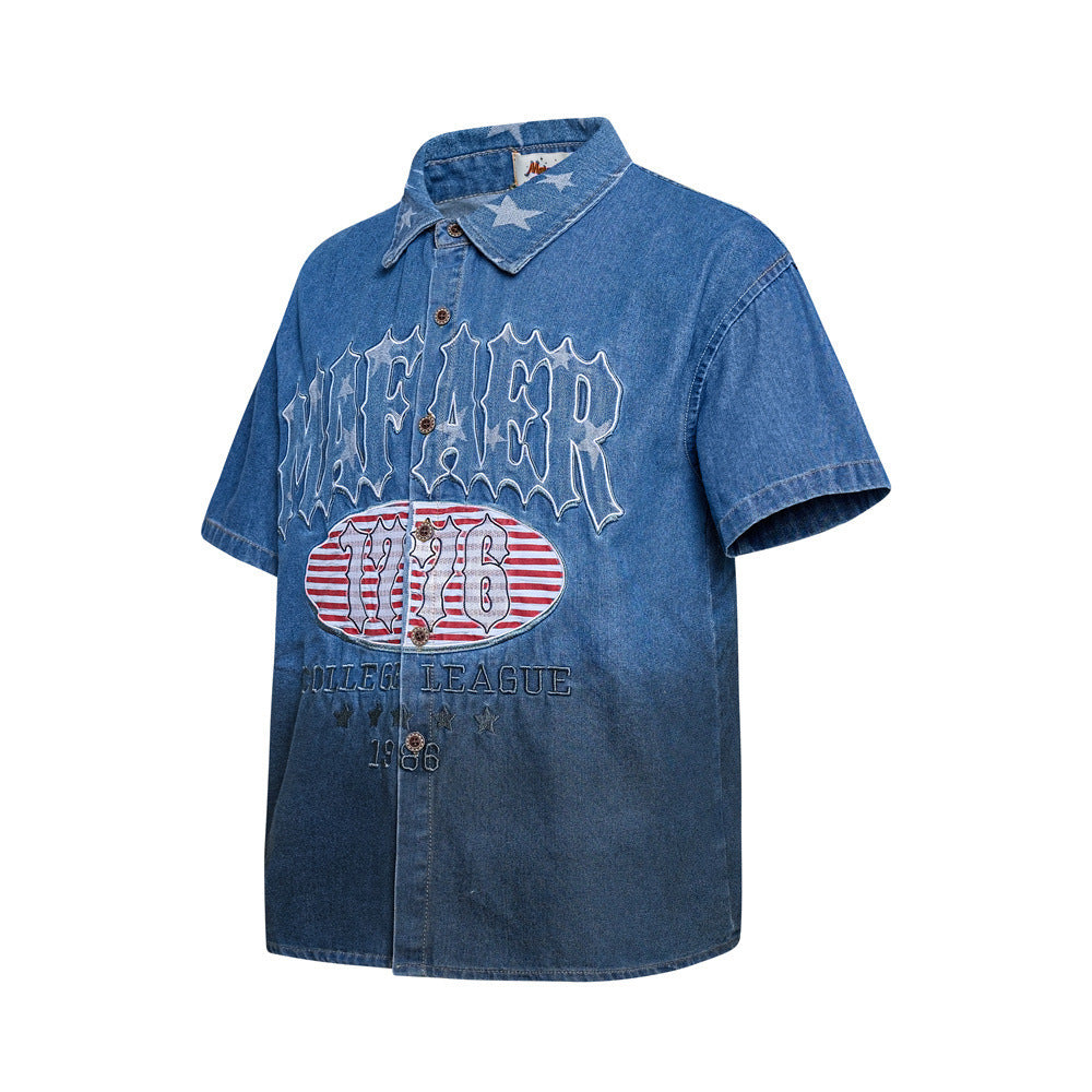 Denim Short-Sleeve Shirt – Punk Varsity Graphic Embroidery, Gradient Wash
